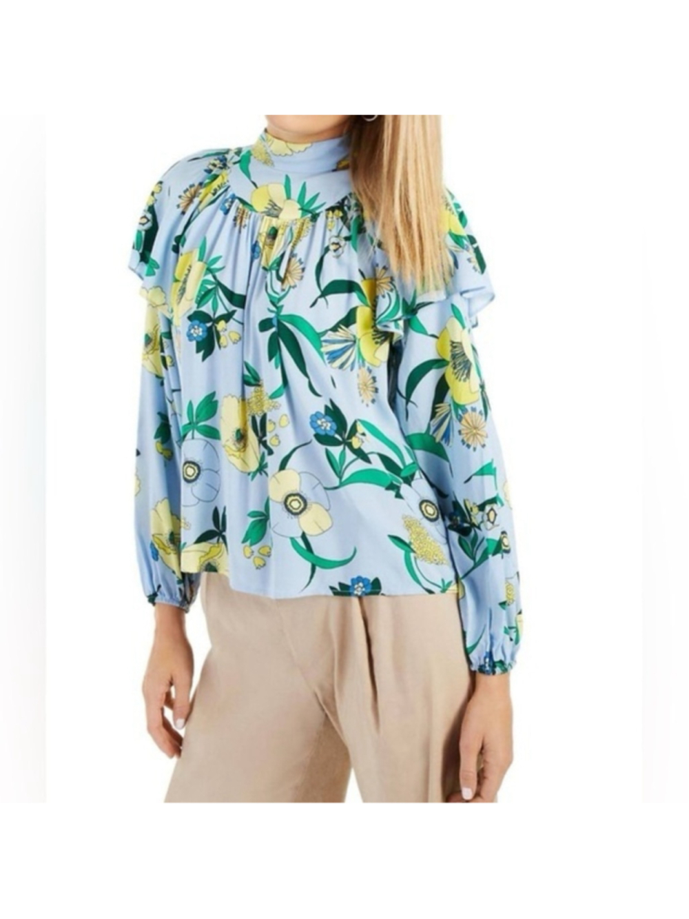 INC Light Blue Floral Long Sleeve Tie Neck Wear To Work Women Blouse Size XL - Picture 2 of 11